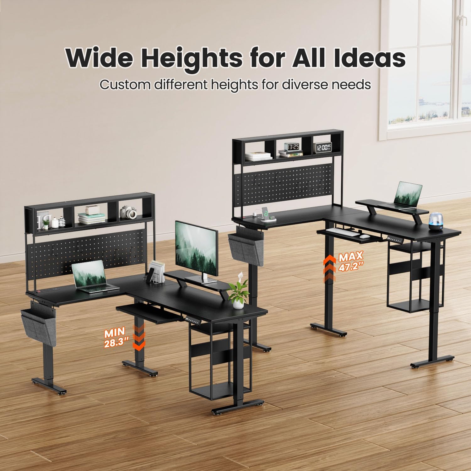 Flycity Electric L Shaped Standing Desk Adjustable Height, 67' x 47' Corner Computer Desk with Host Shelf, Gaming Desk with LED Lights & Power Outlet, Dual Motor Home Office Desk with Storage, Black