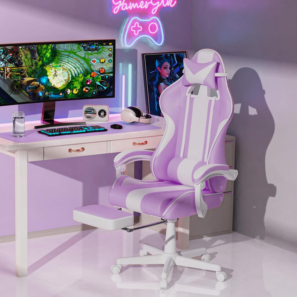 Ferghana Gaming Chairs, Ergonomic Racing Style PC Game Computer Chair with Headrest Lumbar Support Adjustable Recliner PU Leather Video Computer Chair(Light Purple)
