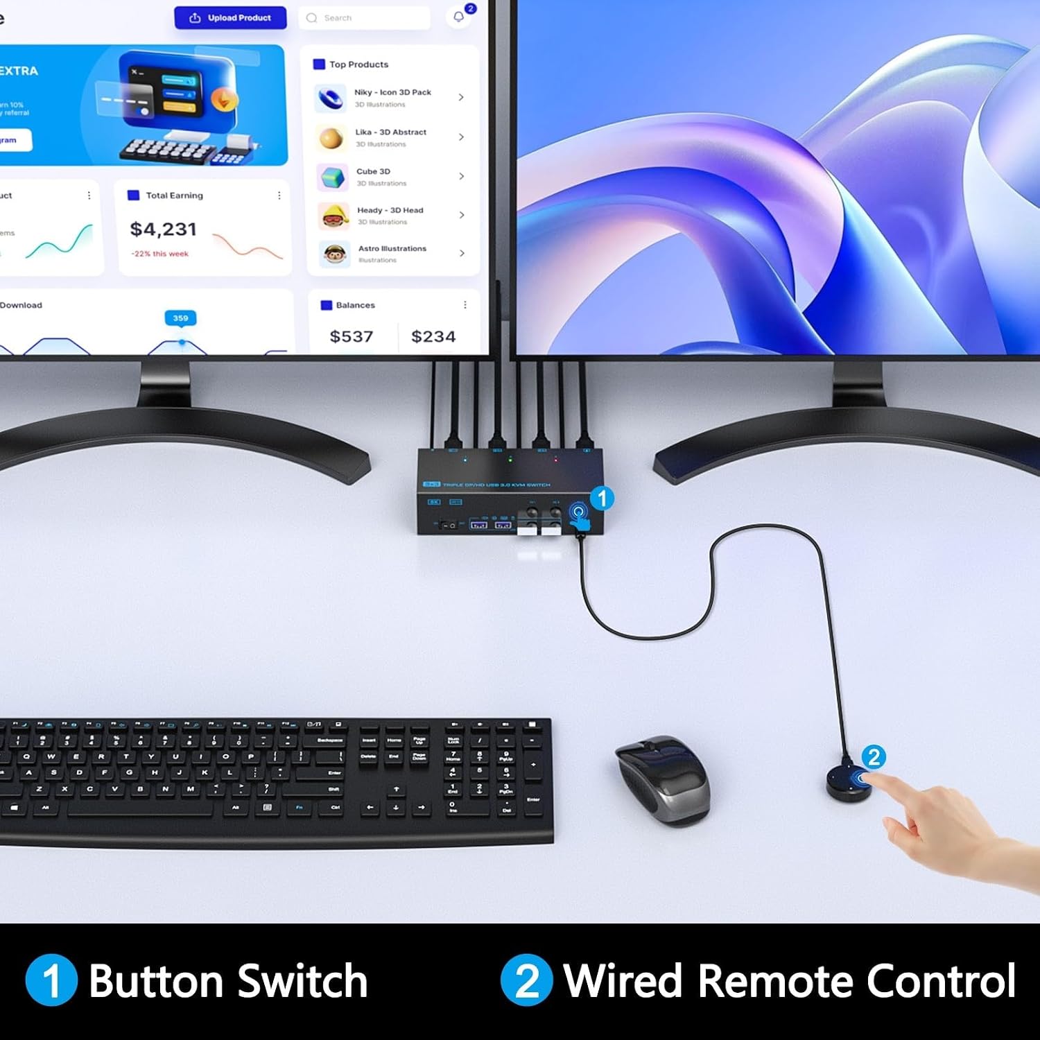 KVM Switch 3 Monitors 3 Computers, ANXQQ 8K@60Hz 4K@144Hz Triple Monitor KVM, HDMI + Displayport KVM Switch with 4 USB 3.0 Ports, 3 Monitor KVM with Power Adapter and Wired Remote