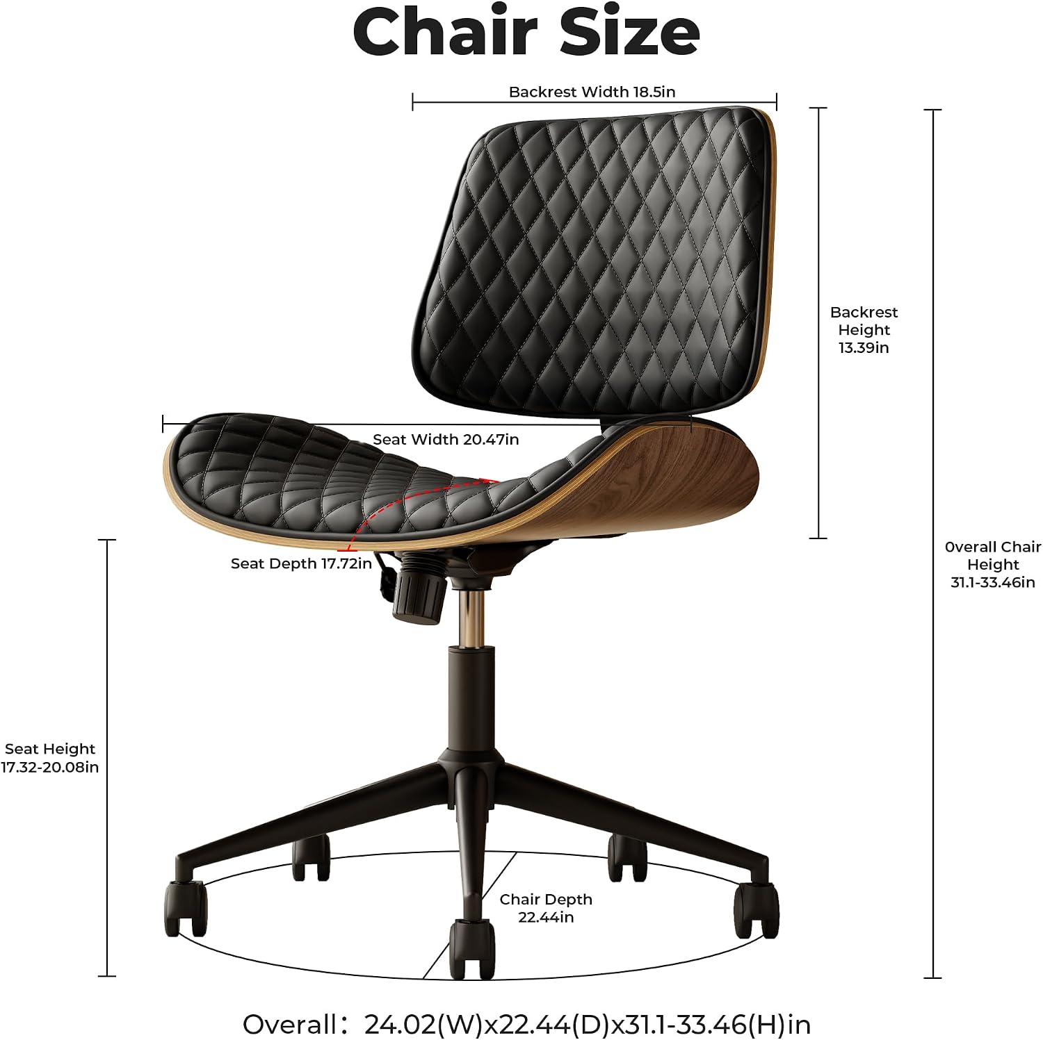 Armless Home Office Desk Chair with Wheels, No Arms Height PU Leather Office Chair, Mid Back 360 Swivel Ergonomic Computer Chair, Walnut Curved Seat Design No-Arm Chair (All-Black)