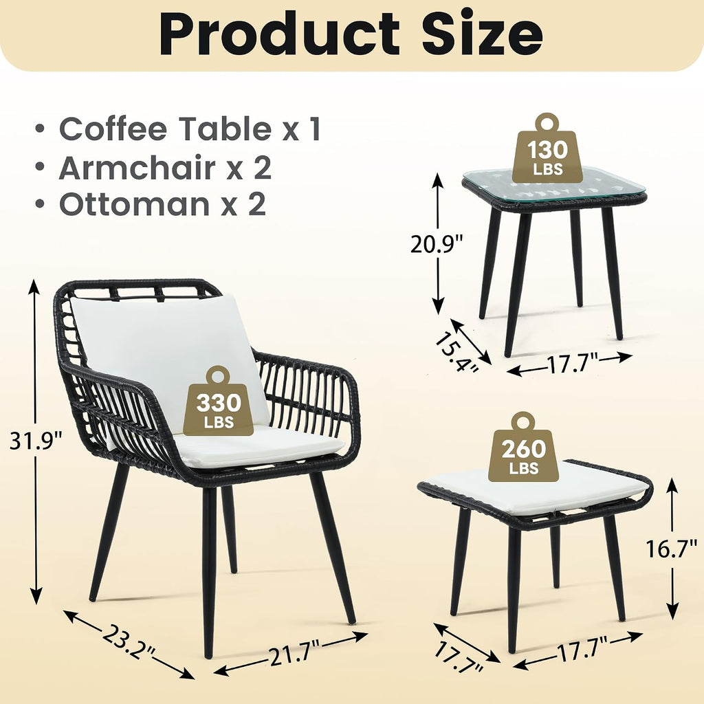 KROFEM 5 Piece Wicker Bistro Patio Conversation Furniture Set, Includes 2 Chairs, 2 Ottomans, and Side Table, Ideal for Porch, Balcony, Deck, Backyard, Black