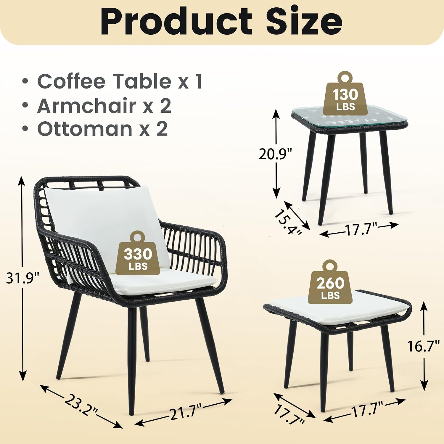 KROFEM 5 Piece Wicker Bistro Patio Conversation Furniture Set, Includes 2 Chairs, 2 Ottomans, and Side Table, Ideal for Porch, Balcony, Deck, Backyard, Black