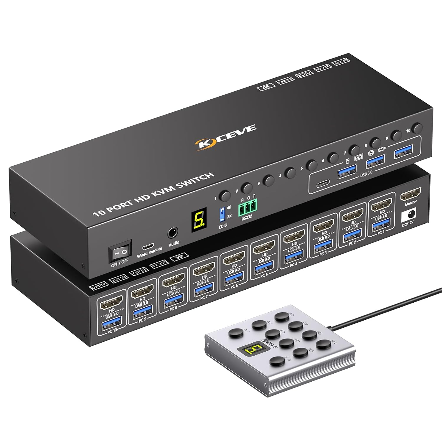 8 Port DisplayPort KVM Switch 4K@60Hz EDID Simulation, USB 3.0 DP KVM Switch for 8 Computers Share 1 Monitor and 4 USB Devices, Audio RS232,Wired Remote, 12V Power Supply & 8 USB Cables Included