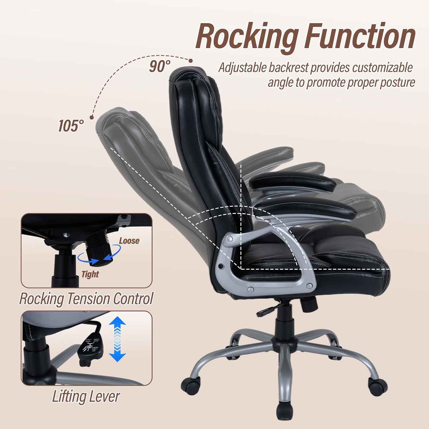 Giantex Executive Office Chair, Leather Ergonomic Computer Desk Chair w/Rocking Function, Padded Seat & Arms, Height Adjustable Gaming Chairs, High Back Rolling Swivel Chair for Home Office (Black)