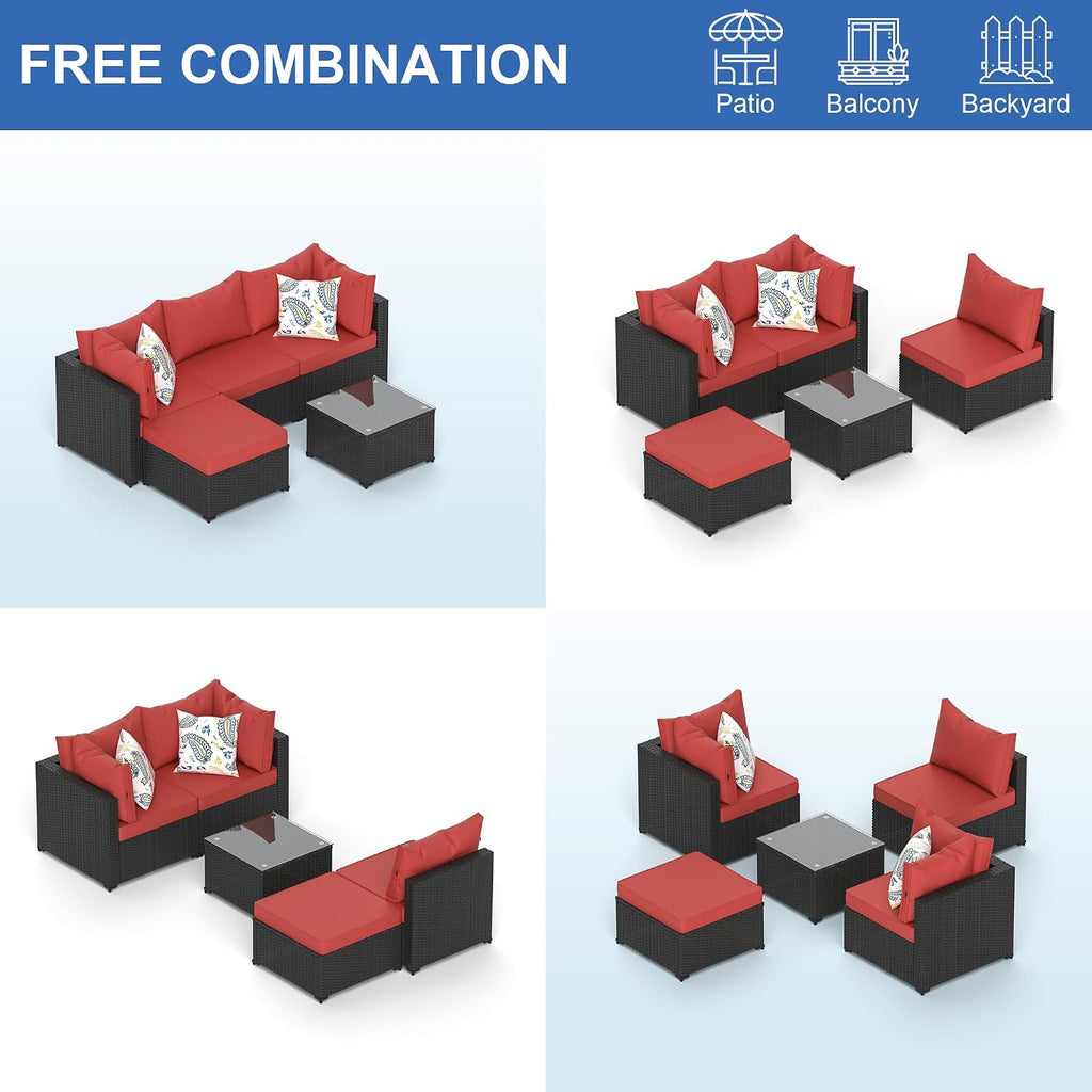 Patio Furniture Set, 5PCS Outdoor Sectional with Ottoman Wicker Rattan Patio Couch with Thickened Cushion Modular Wicker Patio Conversation Set with Glass Top Table for Balcony, Backyard (Burgundy)