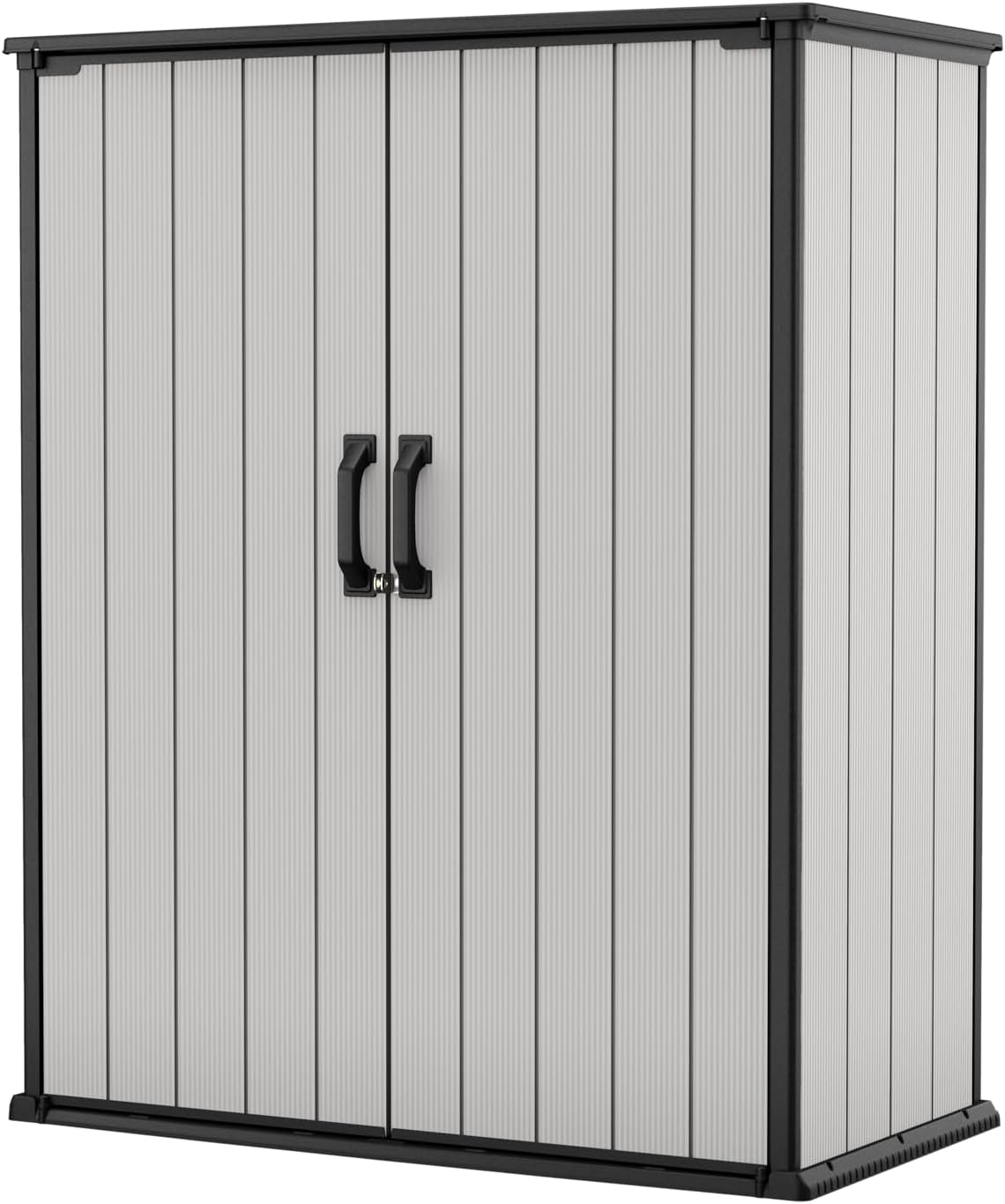 Keter Premier Tall 4.6x5.6 ft Resin Outdoor Storage Shed, Backyard Garden Shed with Shelving Brackets for Tools, Patio Furniture, Pool & Bike Storage, Grey & Black, 62 cu. ft Capacity