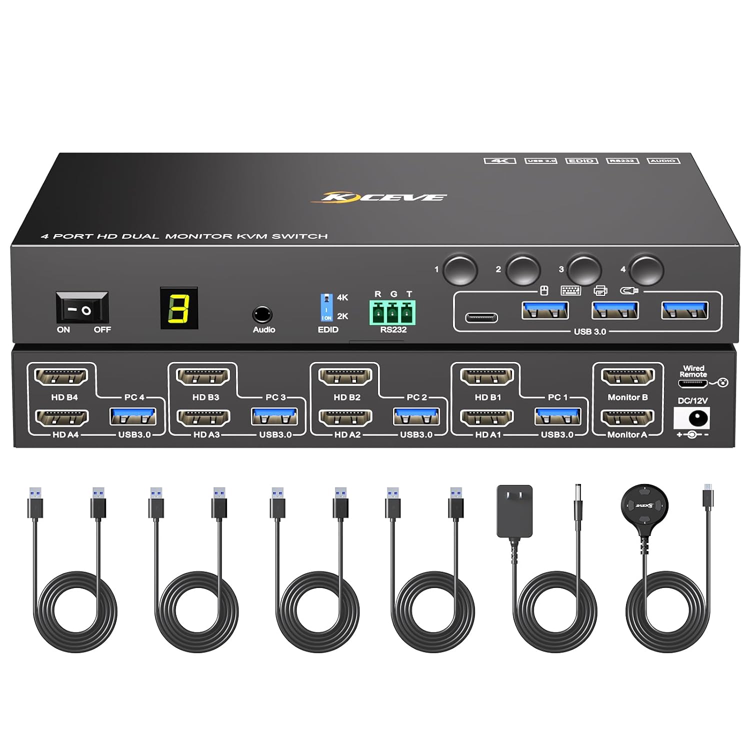 4 Port HDMI KVM Switch 2 Monitors 4 Computers 4K@60Hz EDID Simulation,Dual Monitor KVM Switch with 4 USB 3.0 Ports for USB Peripherals,Audio,RS232,with Wired Remote,12V Power and 4 USB Cables