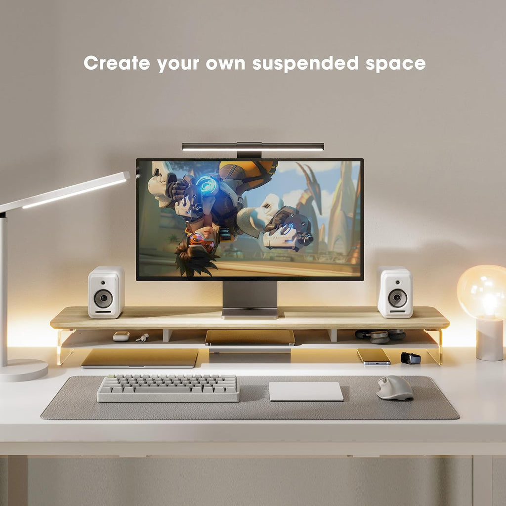 Fenge Acrylic Monitor Stand Riser, 42.5 Inches Dual Monitor Stand with Metal Storage, 2 Tier Acrylic Computer Riser for Desk, Clear Laptop Stand for PC, Laptop, Printer, TV, Oak