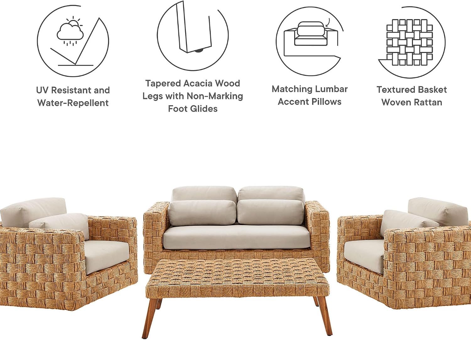 Modway Thames 4 Piece Outdoor Patio Furniture Set in Natural Light Gray - Wicker Rattan Conversation Set with Loveseat, Armchairs, and Coffee Table - All-Weather Deep Seating Backyard Collection