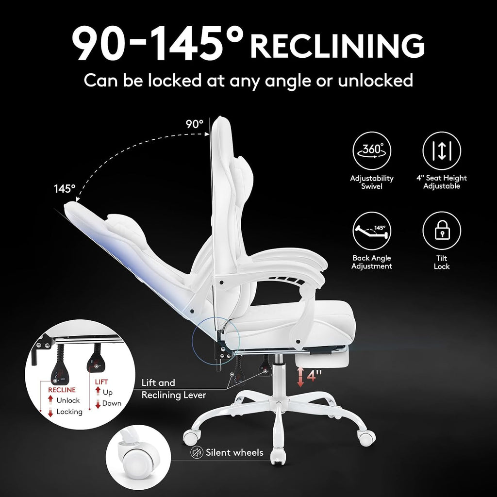 White Gaming Chair,Computer Office Chair with Footrest,Massage Lumbar Support and Gel Pad,Ergonomic Reclining Adjustable Leather Gamer Chair with Headrest and Spring Cushion White