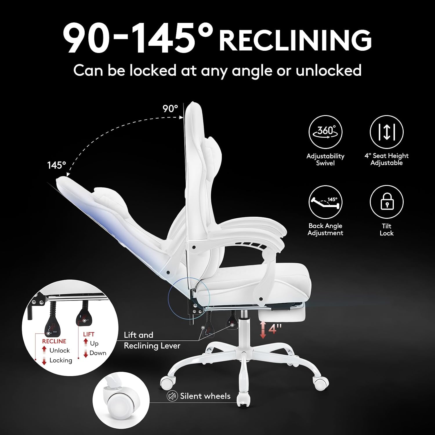 White Gaming Chair,Computer Office Chair with Footrest,Massage Lumbar Support and Gel Pad,Ergonomic Reclining Adjustable Leather Gamer Chair with Headrest and Spring Cushion White