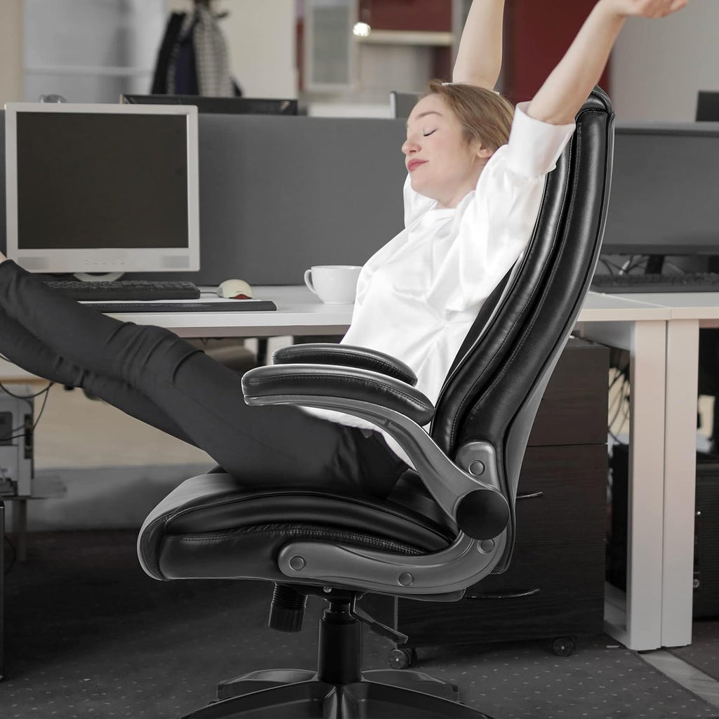MALOL Leather Executive Office Chair - High Back Home Computer Desk Chair with Padded Flip-up Arms, Adjustable Tilt Lock, Swivel Rolling Ergonomic Chair for Adult Working Study, Black