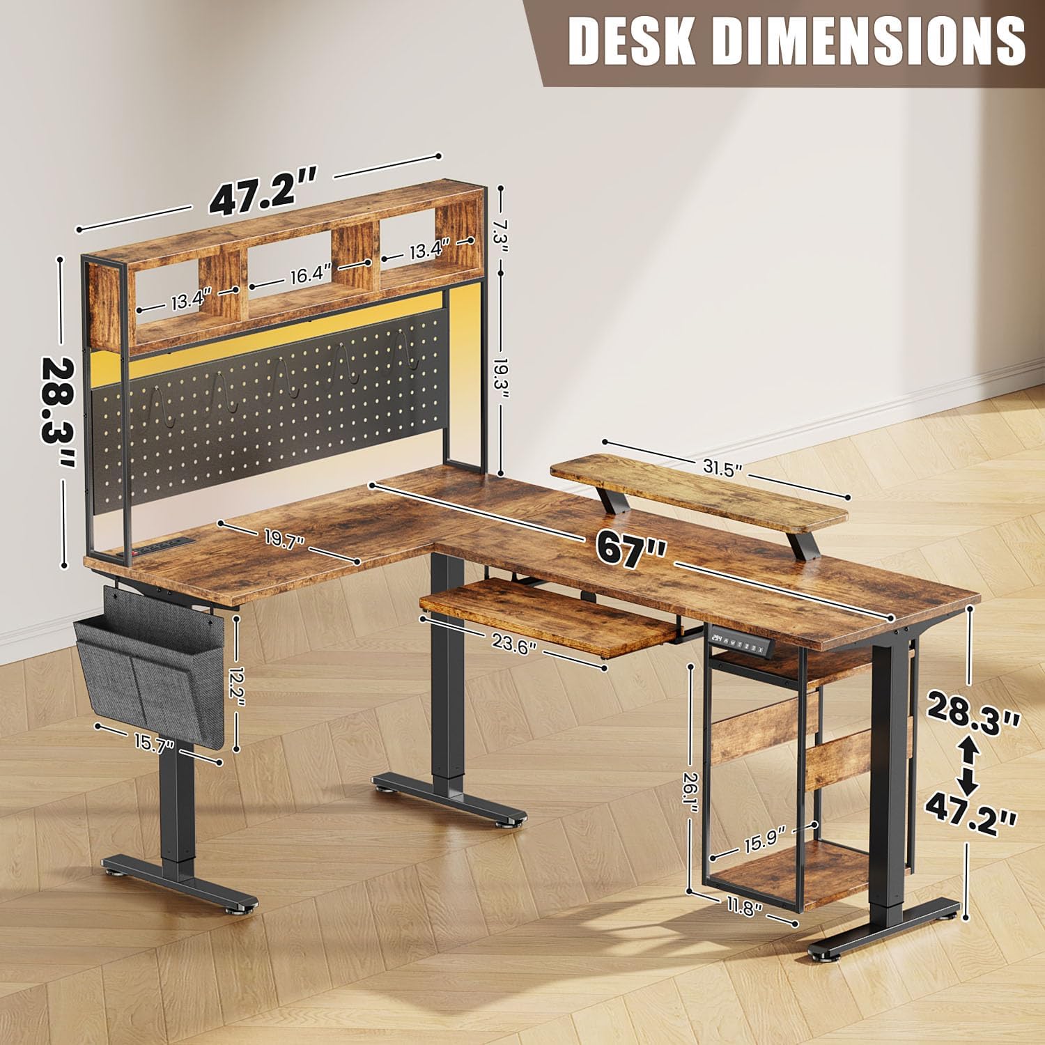 Flycity Electric L Shaped Standing Desk Adjustable Height, 67' x 47' Corner Computer Desk with Host Shelf, Gaming Desk with LED Lights & Power Outlet, Dual Motor Home Office Desk with Storage, Brown