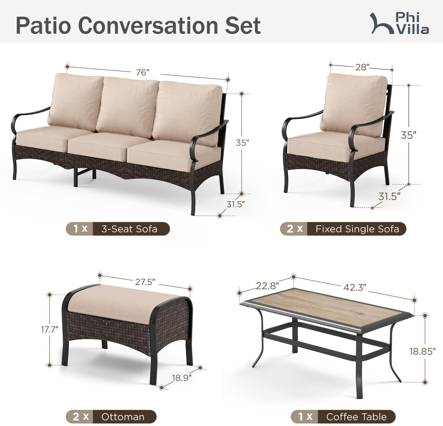 PHI VILLA Outdoor Modern Patio Furniture Set, Upgraded Wicker & Metal Patio Conversation Set with Waterproof Thick Cushions for Porch, Poolside, Yard(6 Pieces,Beige)