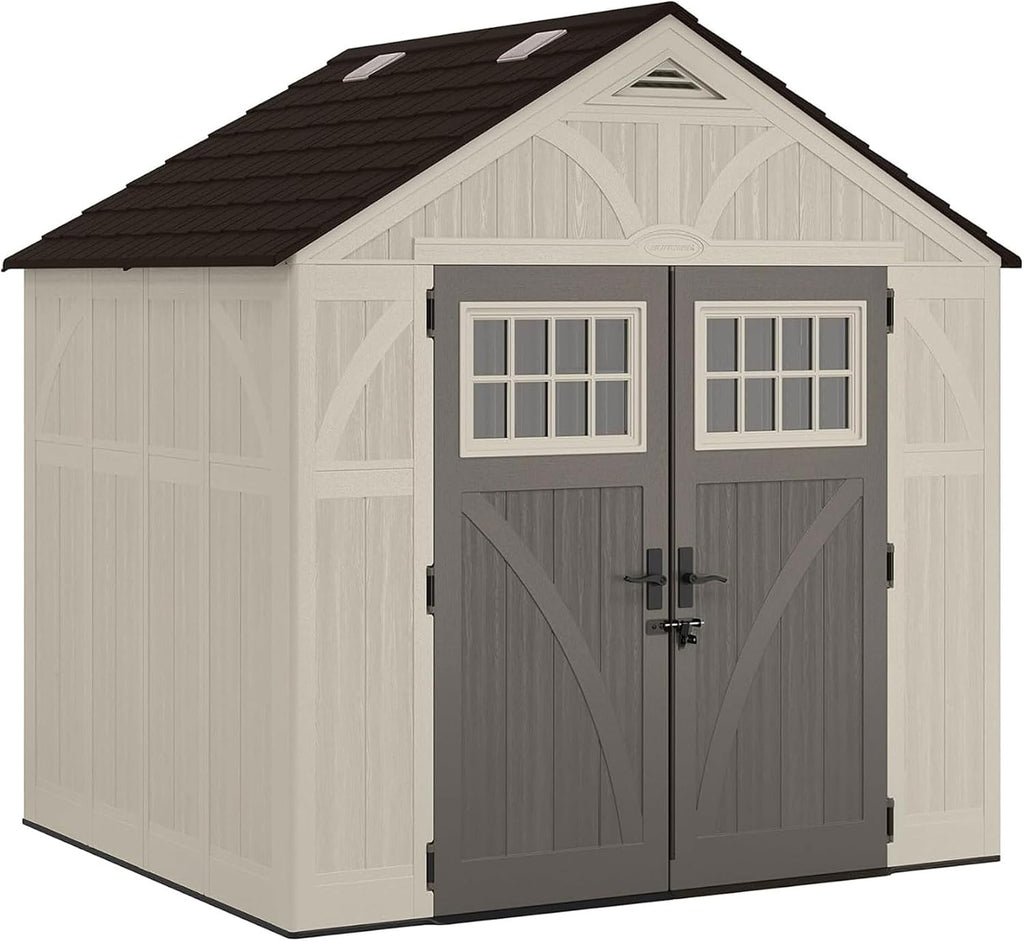 Suncast 8x7 Ft. Outdoor Storage Shed - Large Resin Shed with Floor, Lockable Double Doors, & Skylights. 378 Cu Ft Tremont Garden Sheds & Outdoor Storage for Lawn Tools, Riding Mowers, Bikes, & More