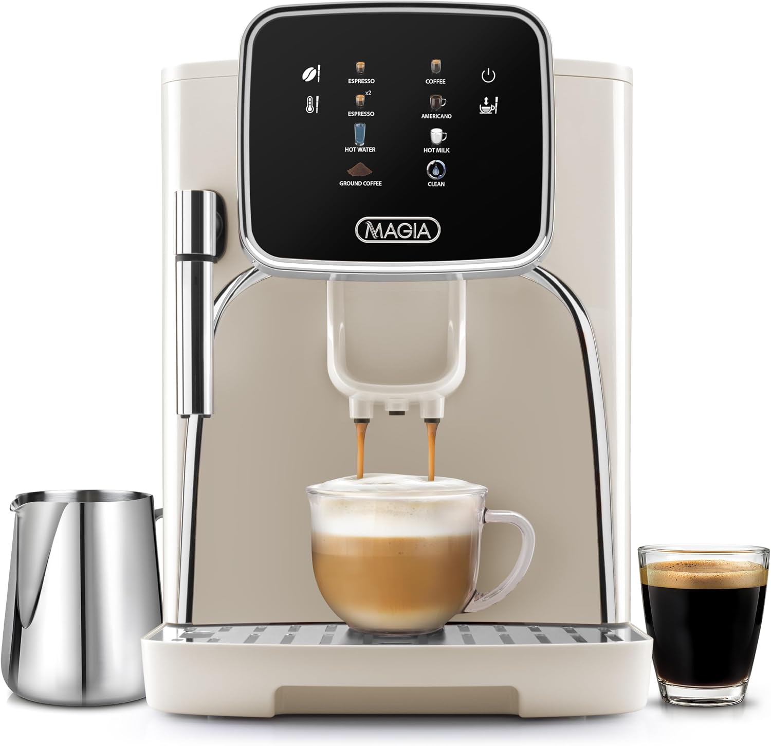 Zulay Kitchen Magia Clasica Automatic Espresso Machine with Built-In Grinder, Touch Panel Coffee Maker, Steam Wand Milk Frother, Adjustable Strength, Self-Cleaning, Cream & Silver (13' x 17.7' x 9.4')