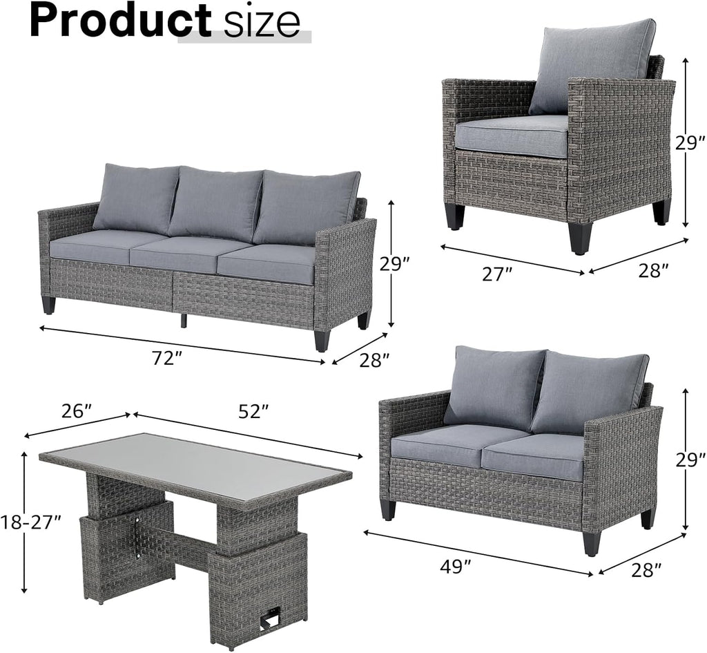 SUNSITT Outdoor Patio Furniture Set 5 Piece Wicker Conversation Set with Lift Coffee Table Sectional Dining Set 3 Seat Sofa Couch with Loveseat, Grey Wicker & Grey Cushion
