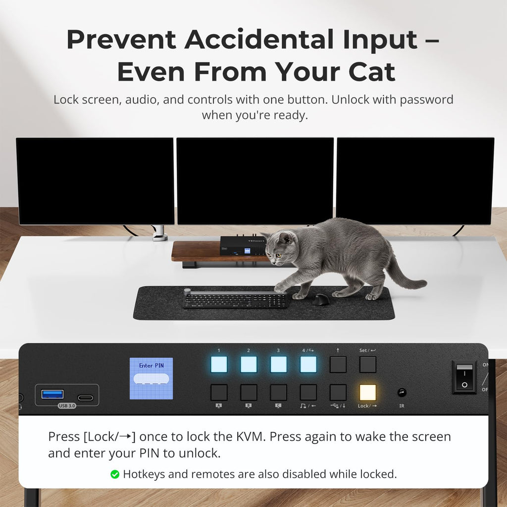 TESmart USB 3.0 HDMI+DP+USB C KVM Switch 3 Monitors 4 Computers 4K@60Hz, 4 Port Triple Monitor KVM Switch MST, 60W PD for Laptop, 1G Ethernet, EDID Emulators, Hotkey Switch, Rack-Ears