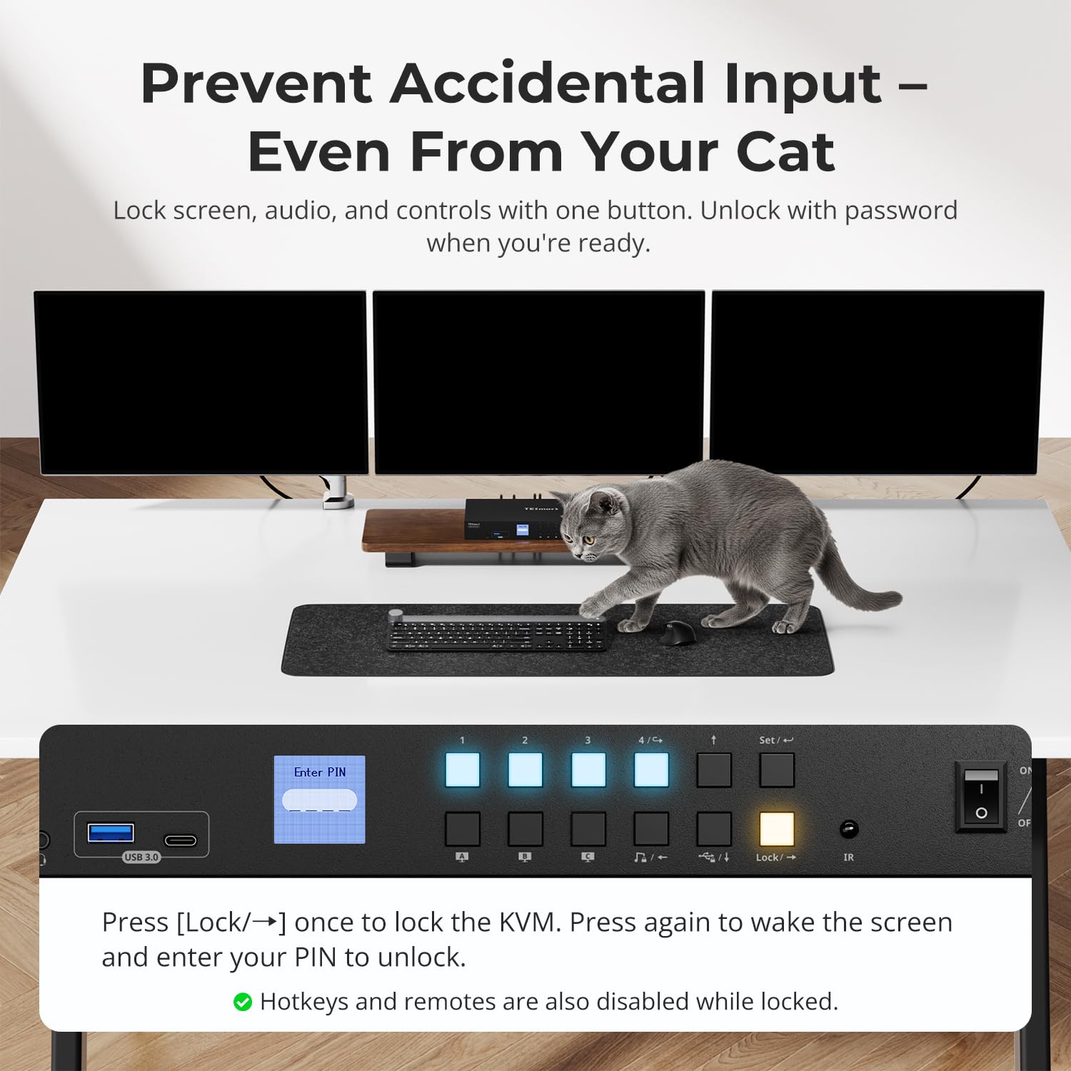 TESmart USB 3.0 HDMI+DP+USB C KVM Switch 3 Monitors 4 Computers 4K@60Hz, 4 Port Triple Monitor KVM Switch MST, 60W PD for Laptop, 1G Ethernet, EDID Emulators, Hotkey Switch, Rack-Ears