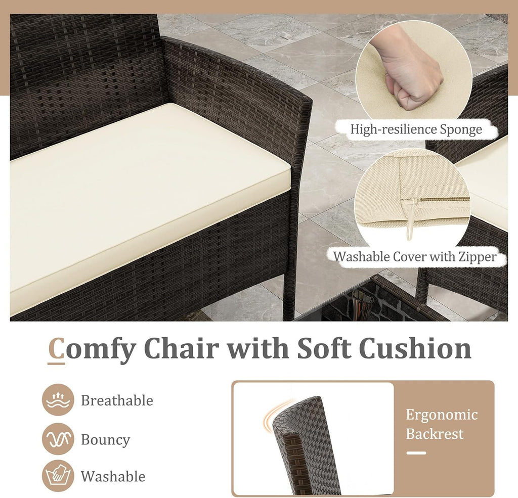 KOTEK 8 Piece Patio Furniture Set, Outdoor Rattan Conversation Set with Loveseat, Wicker Chairs, Tempered Glass Coffee Table, Wicker Patio Set for Backyard, Porch (Beige)