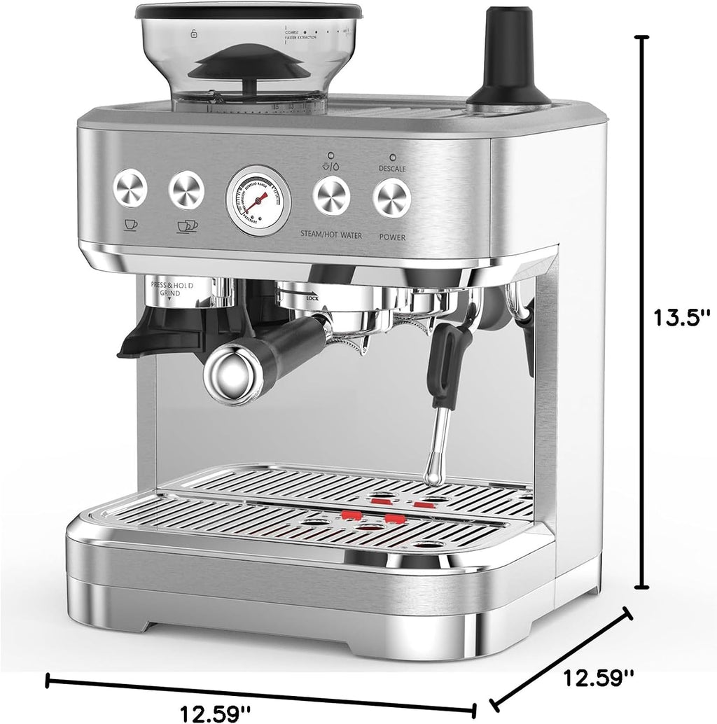 Takywep Professional Espresso Machine with Built-In Grinder and Milk Frother, 15 Bar Cappuccino and Latte Maker, Gift for Coffee Enthusiasts, Mom, Dad