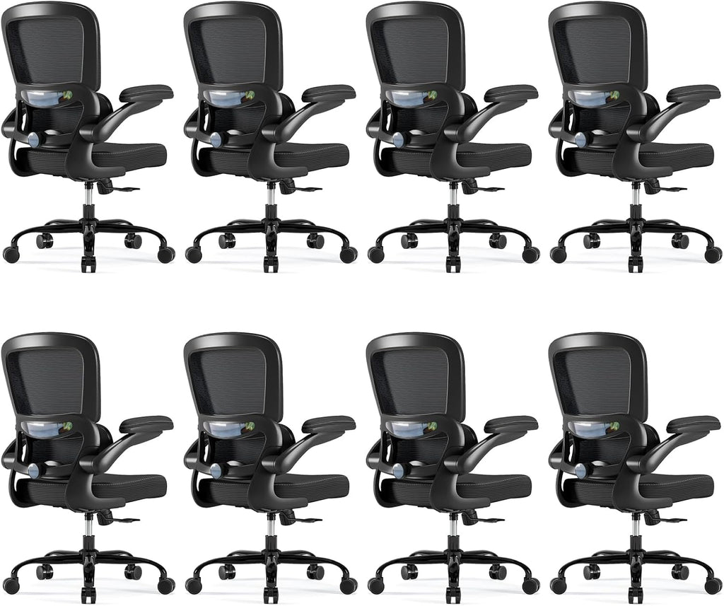 TRALT Ergonomic Office Chair - Desk Chair with Adjustable Headrest Lumbar Support Computer Chair - Mesh Comfy Chair with Flip-up Armrests - Gaming Chair for Adults Home Office PU, Black, Pack of 8