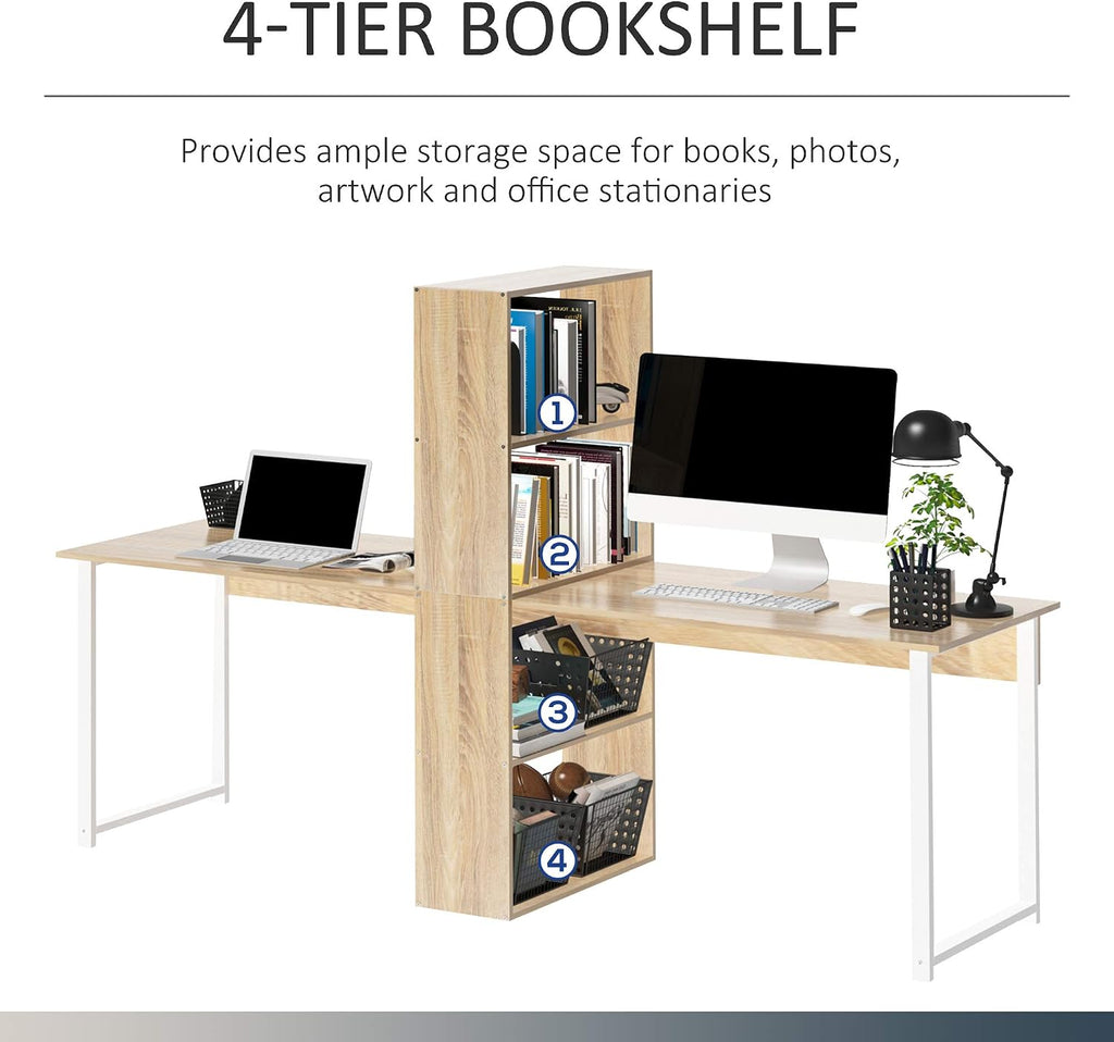HOMCOM 88' Extra Long 2-Person Computer Desk with Storage Shelves Combo, Double Workstation Storage Study Writing Table for Home Office, Bookshelf, Natural Wood Color
