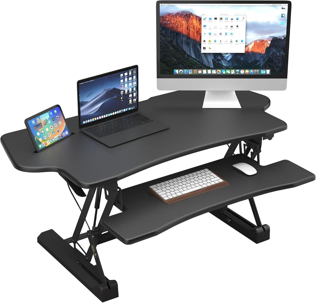 Mount-It! Standing Desk Converter, 48' Wide Sit Stand Desk Riser with Dual Gas Spring Handles, Height Adjustable from 6'–19.25', Extra Large Tabletop for 2 Monitors, Keyboard Tray & Device Slot, Black