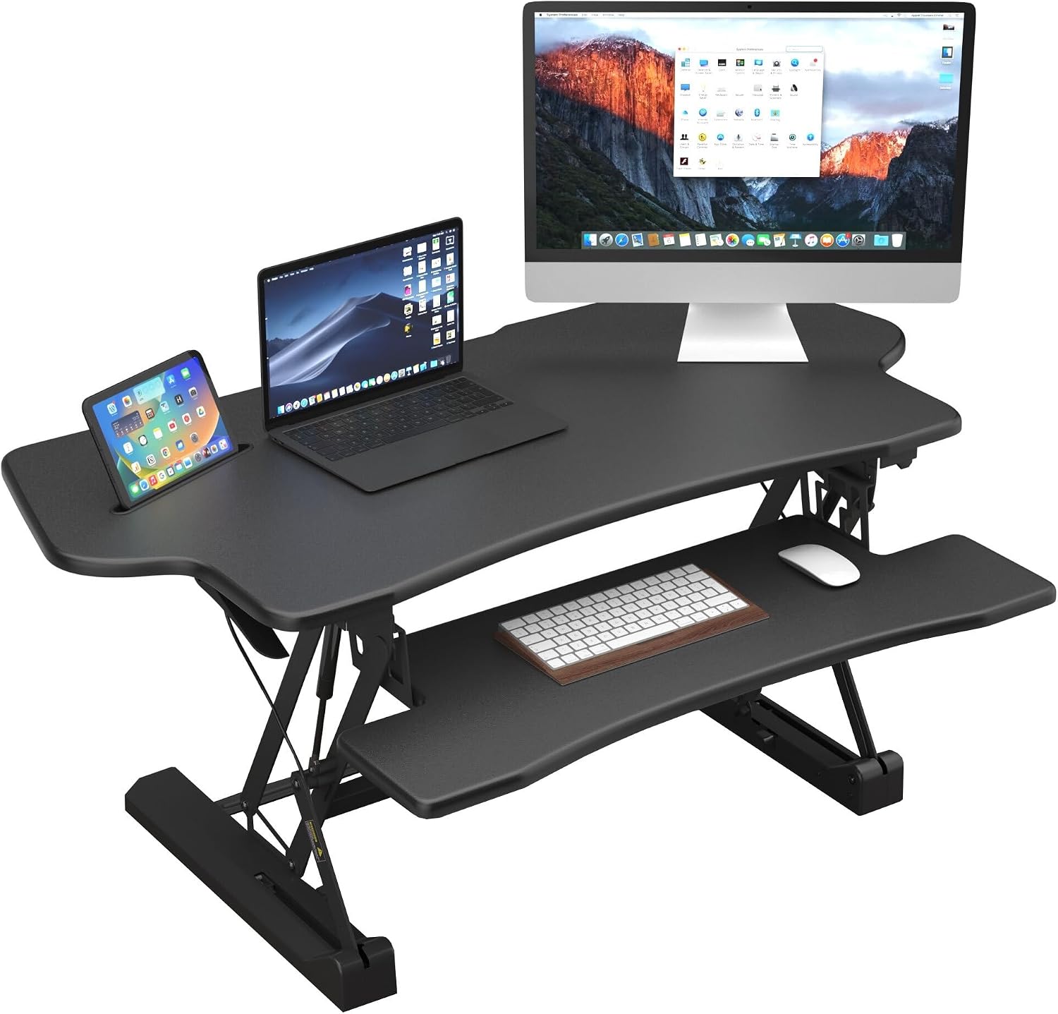 Mount-It! Standing Desk Converter, 48' Wide Sit Stand Desk Riser with Dual Gas Spring Handles, Height Adjustable from 6'–19.25', Extra Large Tabletop for 2 Monitors, Keyboard Tray & Device Slot, Black