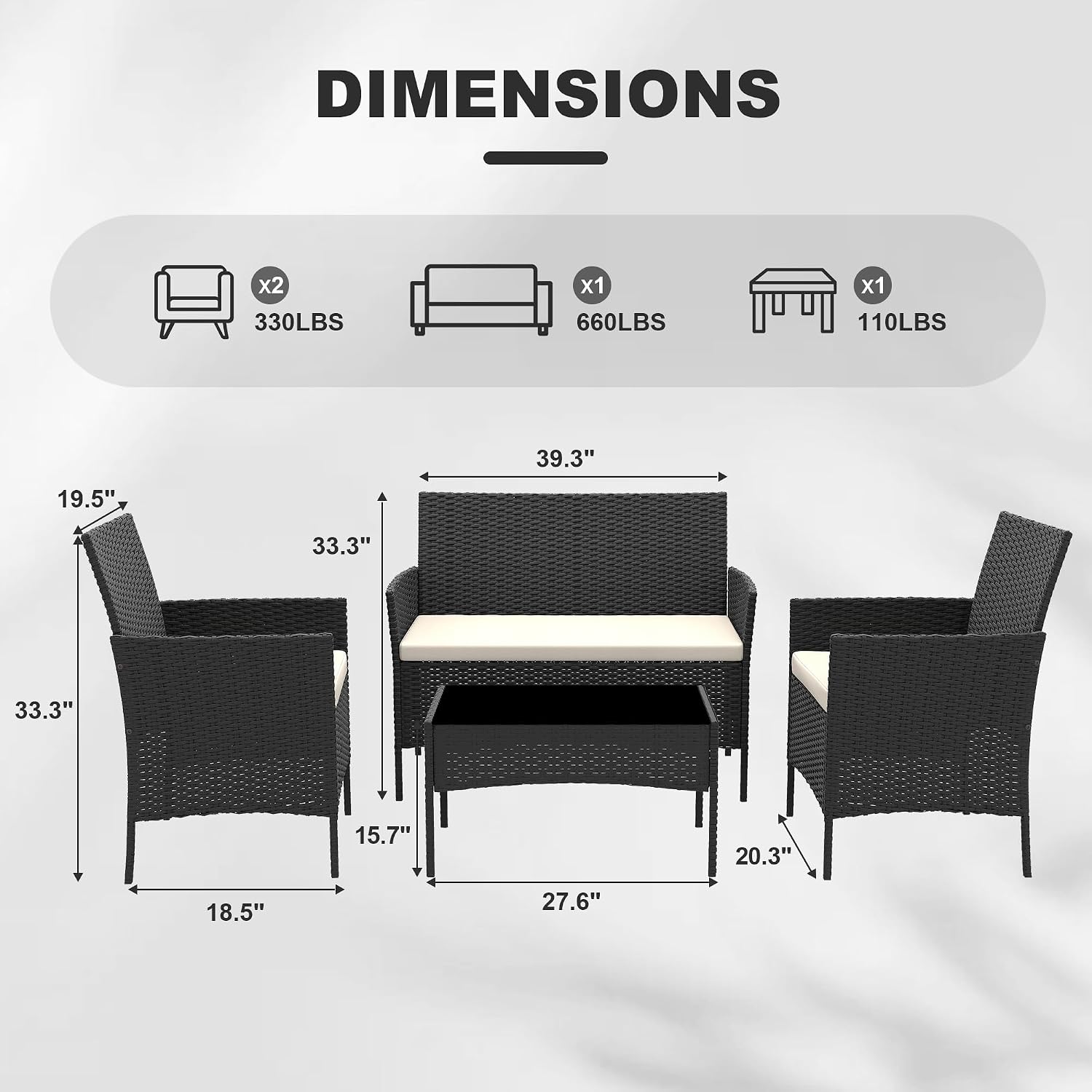 GarveeLife 4-Piece Patio Furniture Set, Rattan Outdoor Furniture with Upholstered Sofa, 2 Chairs & Coffee Table, Modern Conversation Bistro Set for Garden Backyard Porch (Black and Beige)