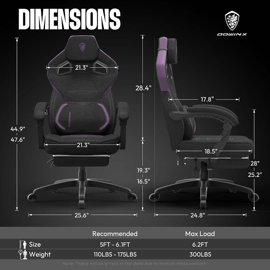 Dowinx Gaming Chair Fabric with Massage Lumbar Support, Big and Tall Gaming Chairs for Adults, High Back Computer Chair with Footrest for Office Gaming, Purple