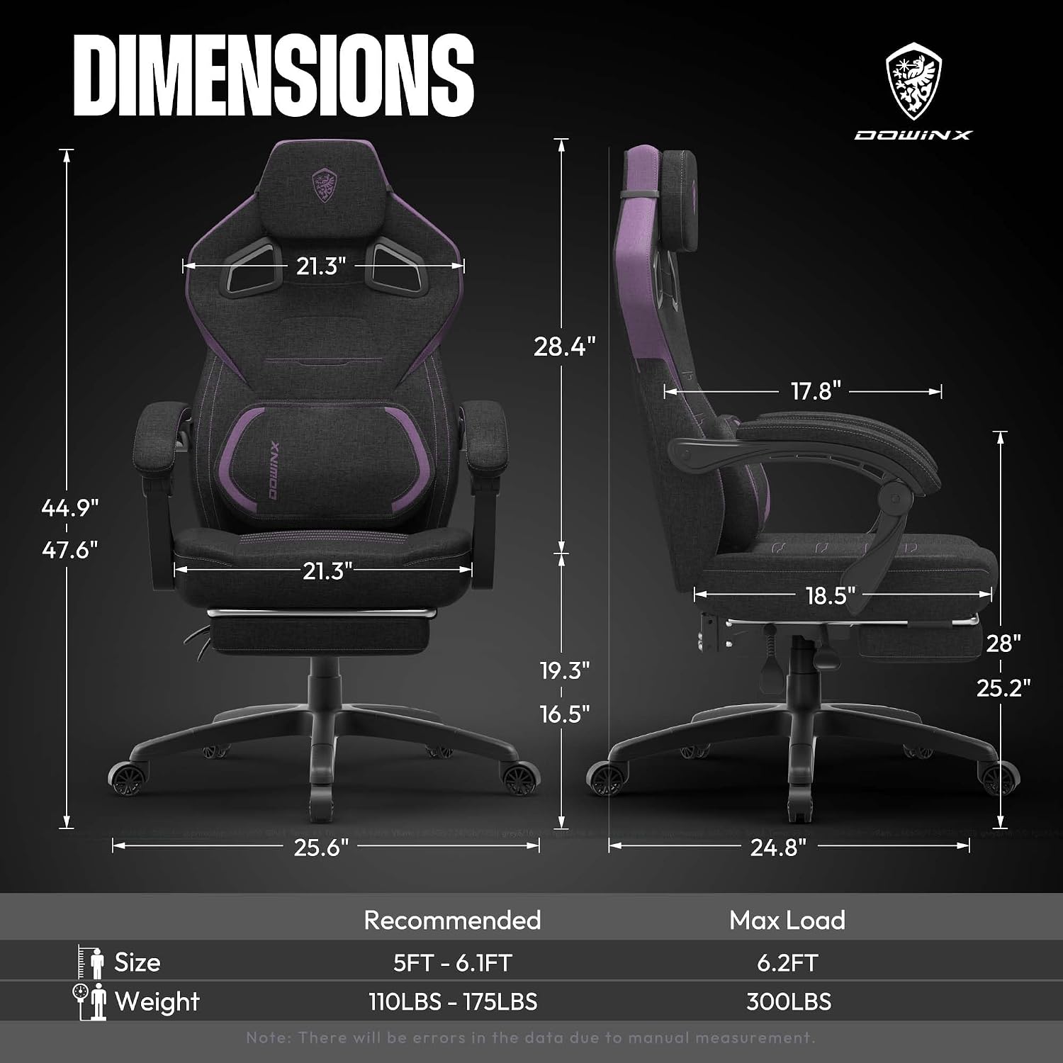 Dowinx Gaming Chair Fabric with Massage Lumbar Support, Big and Tall Gaming Chairs for Adults, High Back Computer Chair with Footrest for Office Gaming, Purple