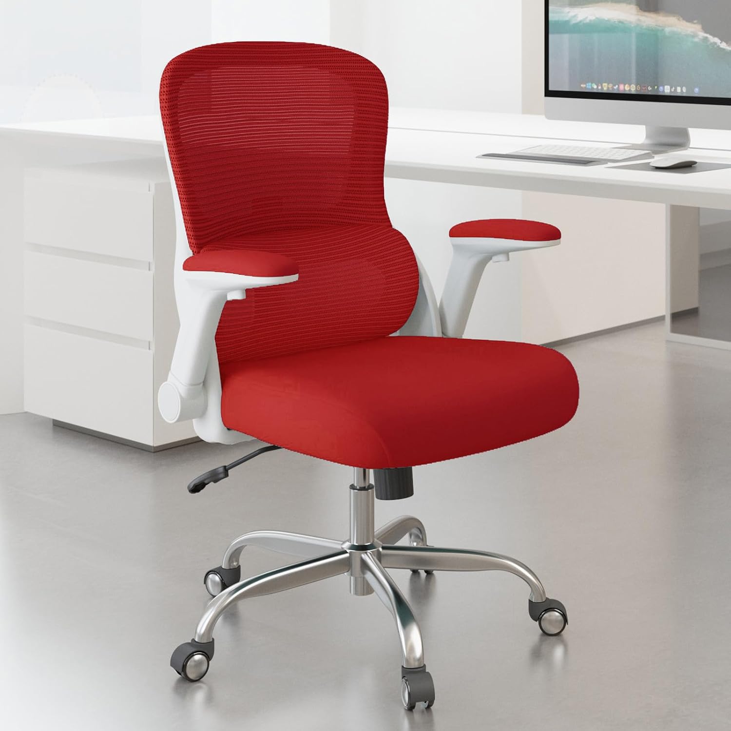 Office Chair Ergonomic Desk Chair Comfy: 400LBS Mesh Computer Chair Ergonomic Gaming Chairs with Wheels Adjustable Lumbar Support and Flip up Armrest-Swivel Executive Chairs Long Hours(Red)