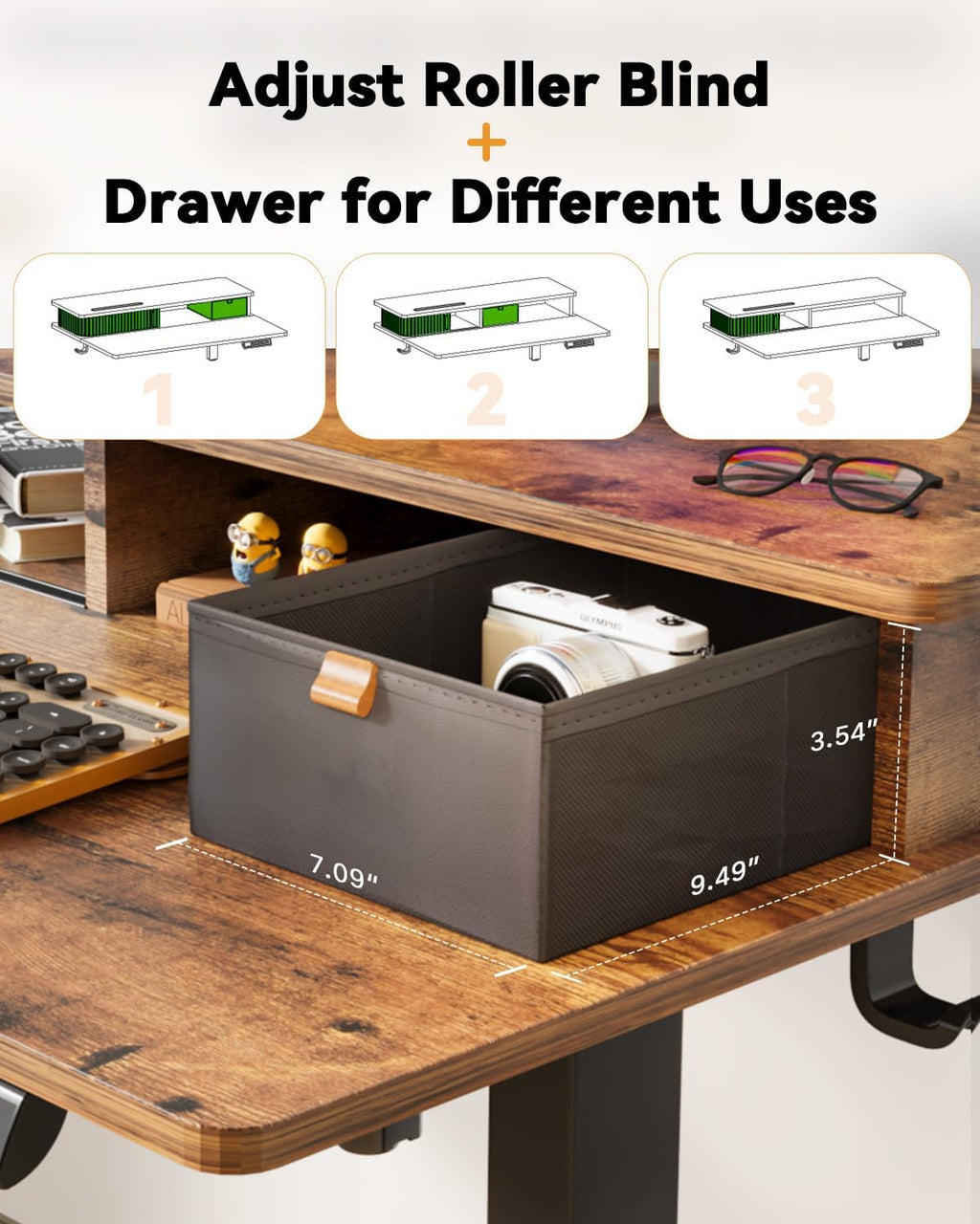 JOY worker Small Electric Standing Desk, 35' x 25' Height Adjustable Desk with Built-in Monitor Stand & Storage Drawer, Sit Stand Desk with 2 Hooks for Home Office, Rustic Brown