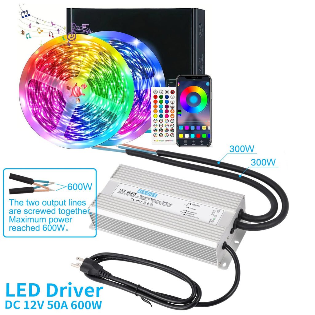 LED Driver 12V600W Waterproof Power Supply 110V/130V AC to 12V DC 50A Low Voltage Transformer IP67 Hotel Exterior Wall Landscape Light LED Light with Spotlight Switch Power Supply