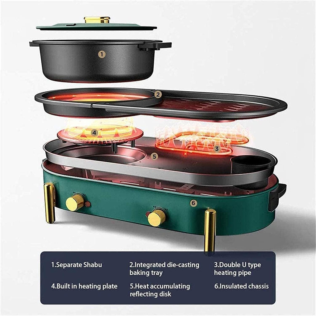 Electric Hot Pot Grill Electric Barbecue Grill,2 in 1 Non-Stick BBQ And Shabu Pot with Independent Temperature Control,Ideal for 2-8 People