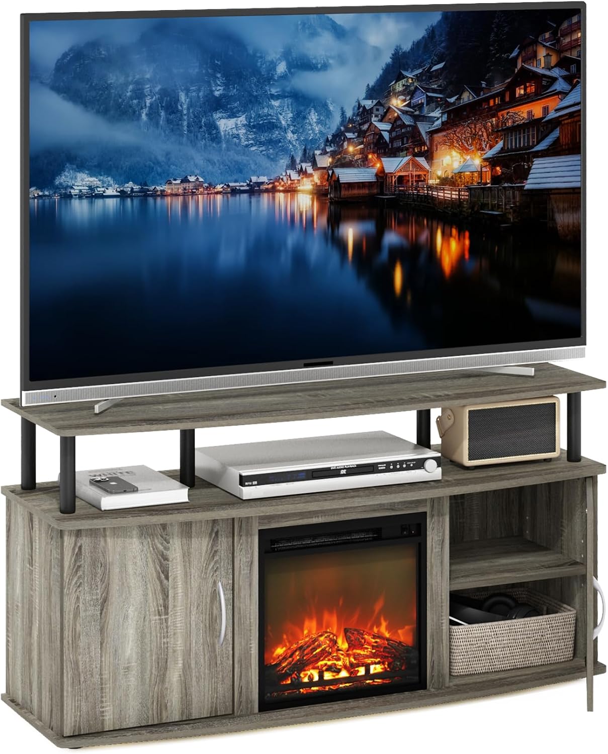 Furinno Jensen Fireplace TV Stand, Entertainment Center, TV Console for TV up to 55 Inch with Fireplace and Doors Storage Cabinet, for Living Room, Bedroom, French Oak Grey