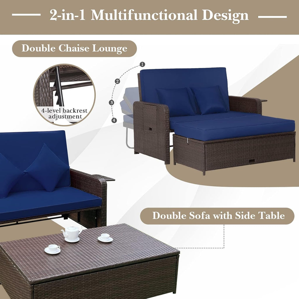 Tangkula Patio Rattan Daybed with 4-Level Adjustable Backrest, Outdoor PE Wicker Loveseat with Storage Ottoman & Folding Side Tray, Double Sunbed Lounger for Balcony, Backyard & Poolside, Navy & Brown
