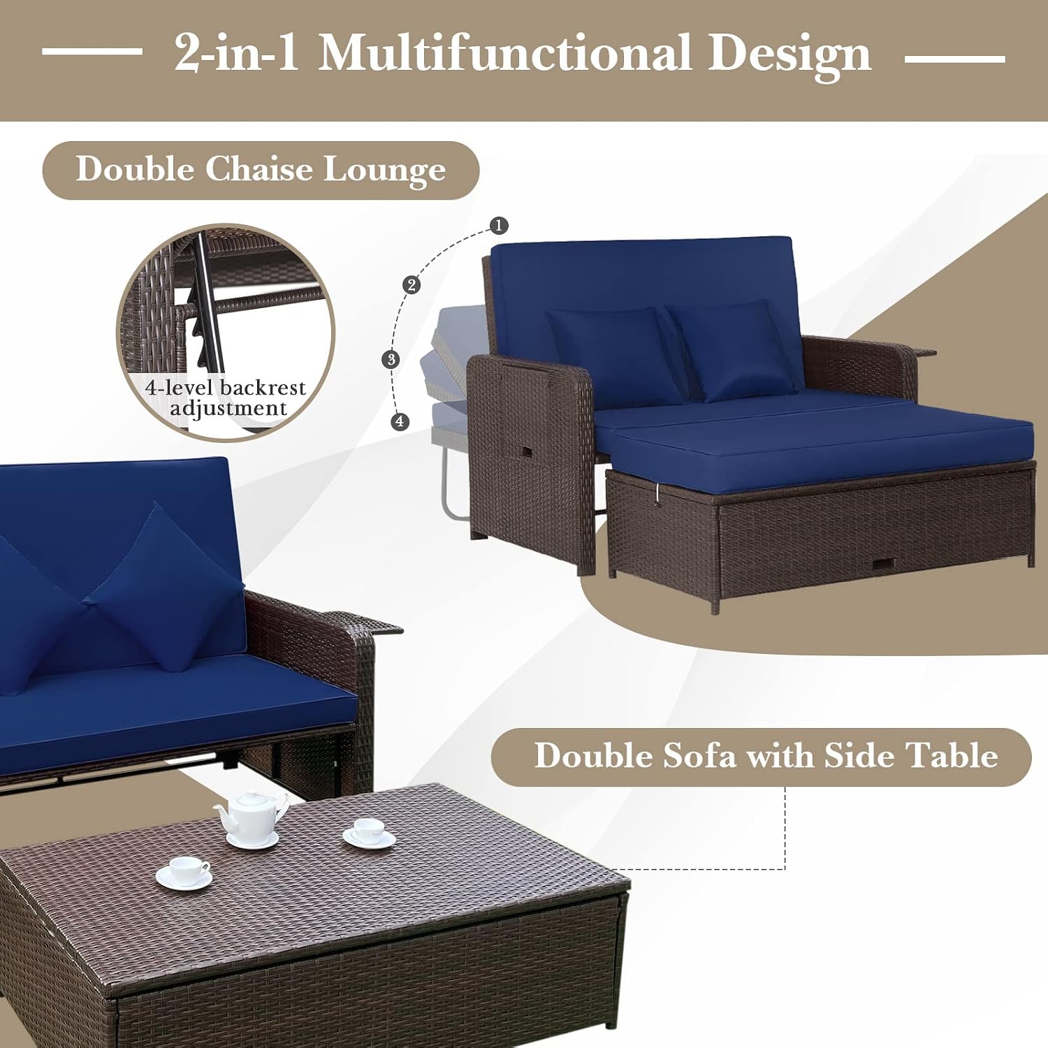 Tangkula Patio Rattan Daybed with 4-Level Adjustable Backrest, Outdoor PE Wicker Loveseat with Storage Ottoman & Folding Side Tray, Double Sunbed Lounger for Balcony, Backyard & Poolside, Navy & Brown