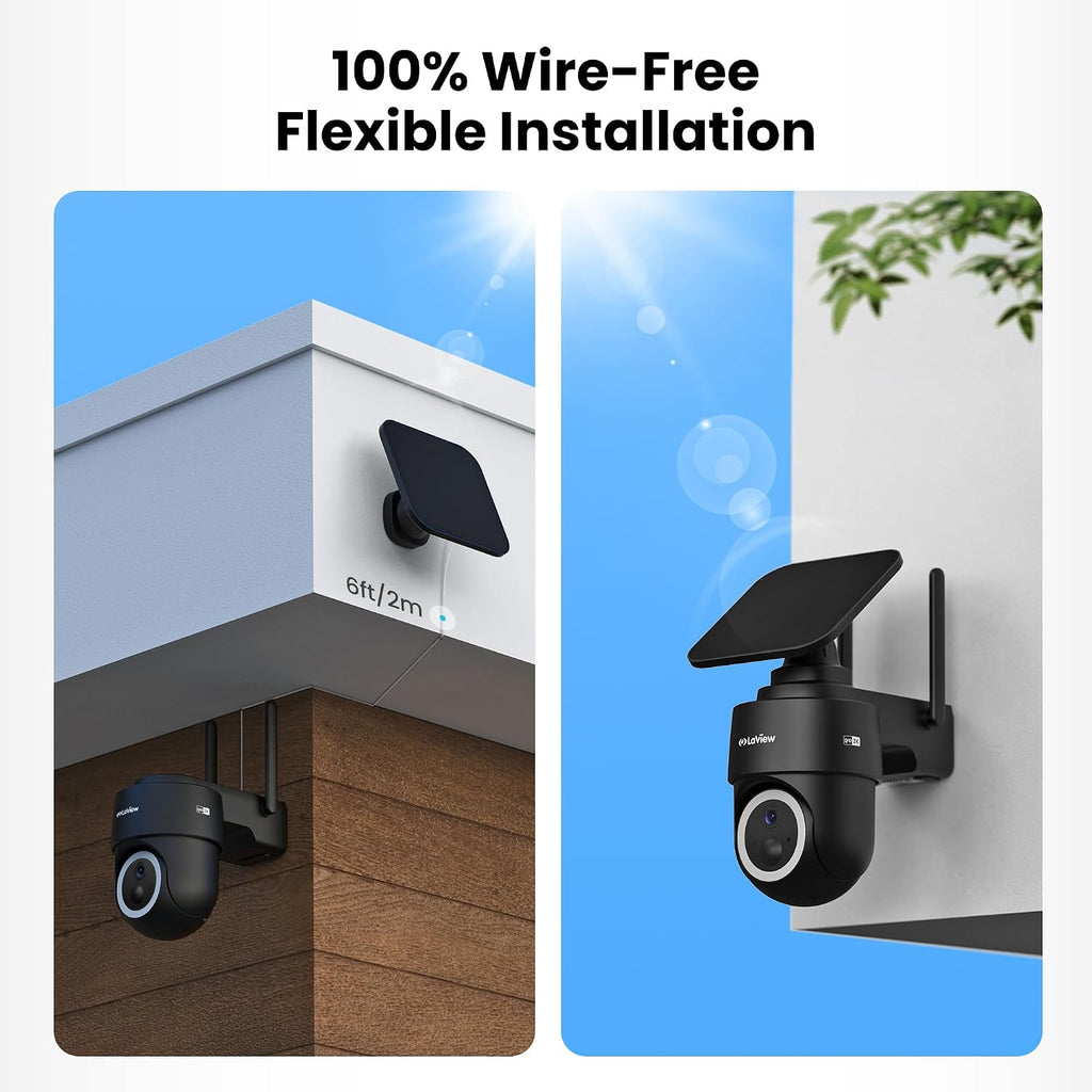 LaView 2K Solar Camera Outdoor Wireless, 100% Wire-Free WiFi Cameras for Home Security, 360° Rechargeable Battery Outdoor Camera, IP65, Color Night Vision, Two-Way Audio, Work with Alexa(2 Pack)