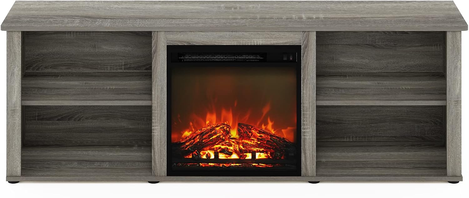 Furinno Classic 70 Inch TV Stand with Fireplace, French Oak Grey