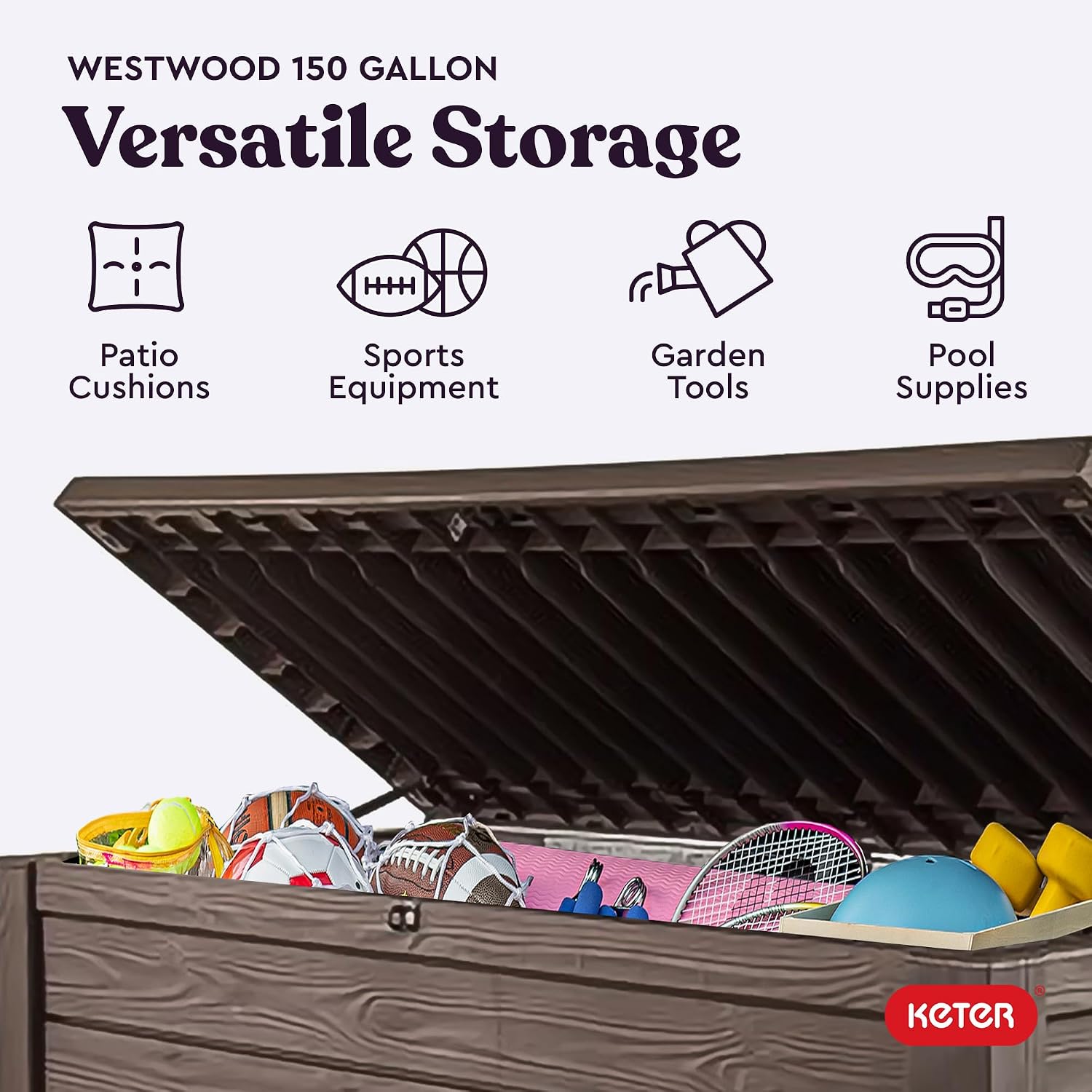 Keter 150 Gallon Resin Large Deck Box Organization and Storage Box for Patio, Outdoor Cushions, Garden Tools, Brown