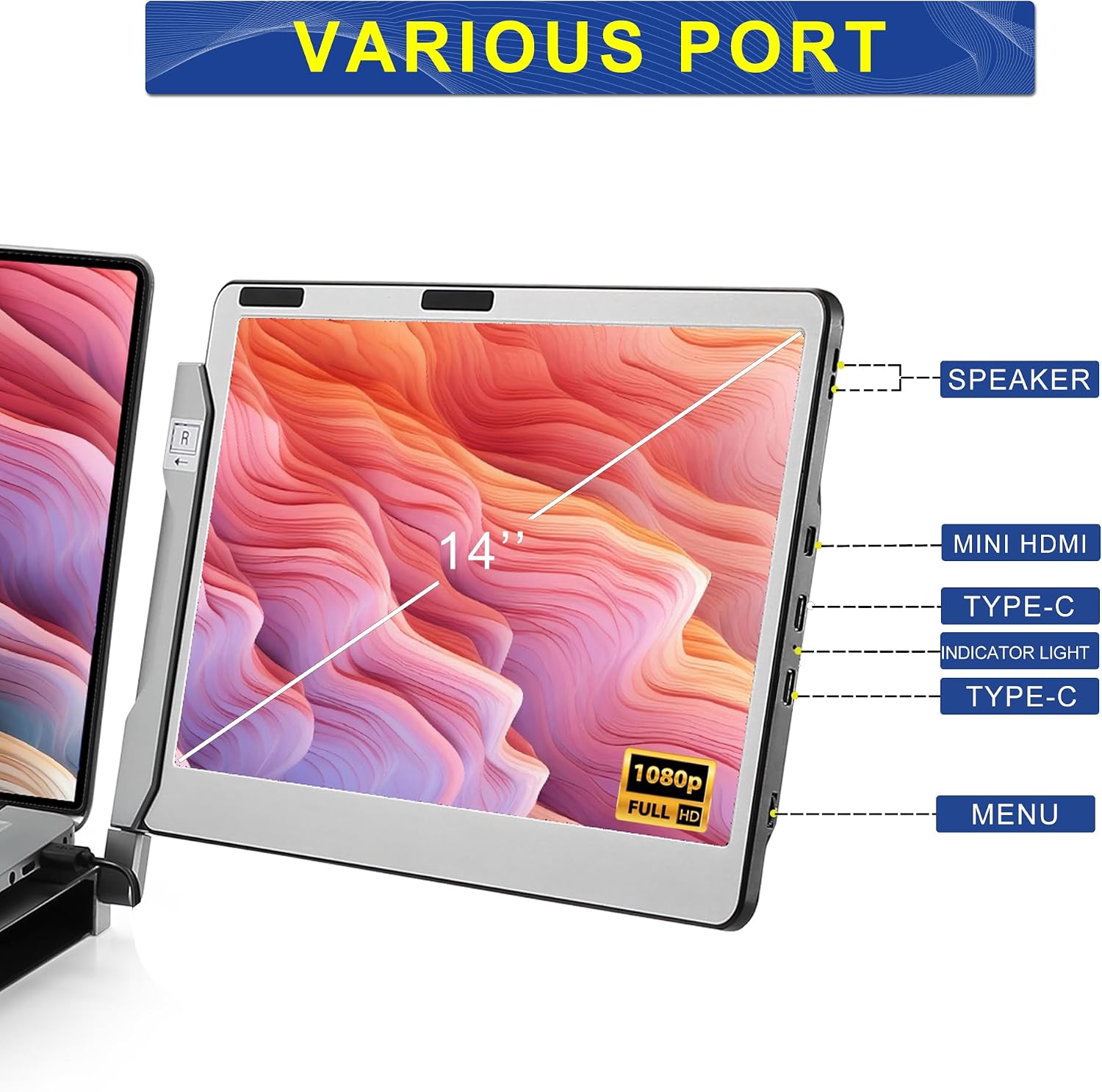 JoyReal F2 Laptop Screen Extender, 14'' 1080P Triple Portable Monitor for Laptop, 360 Rotating Monitor Desk Workstation with Multiple Laptops Stand for mac Windows Surface PS Switch