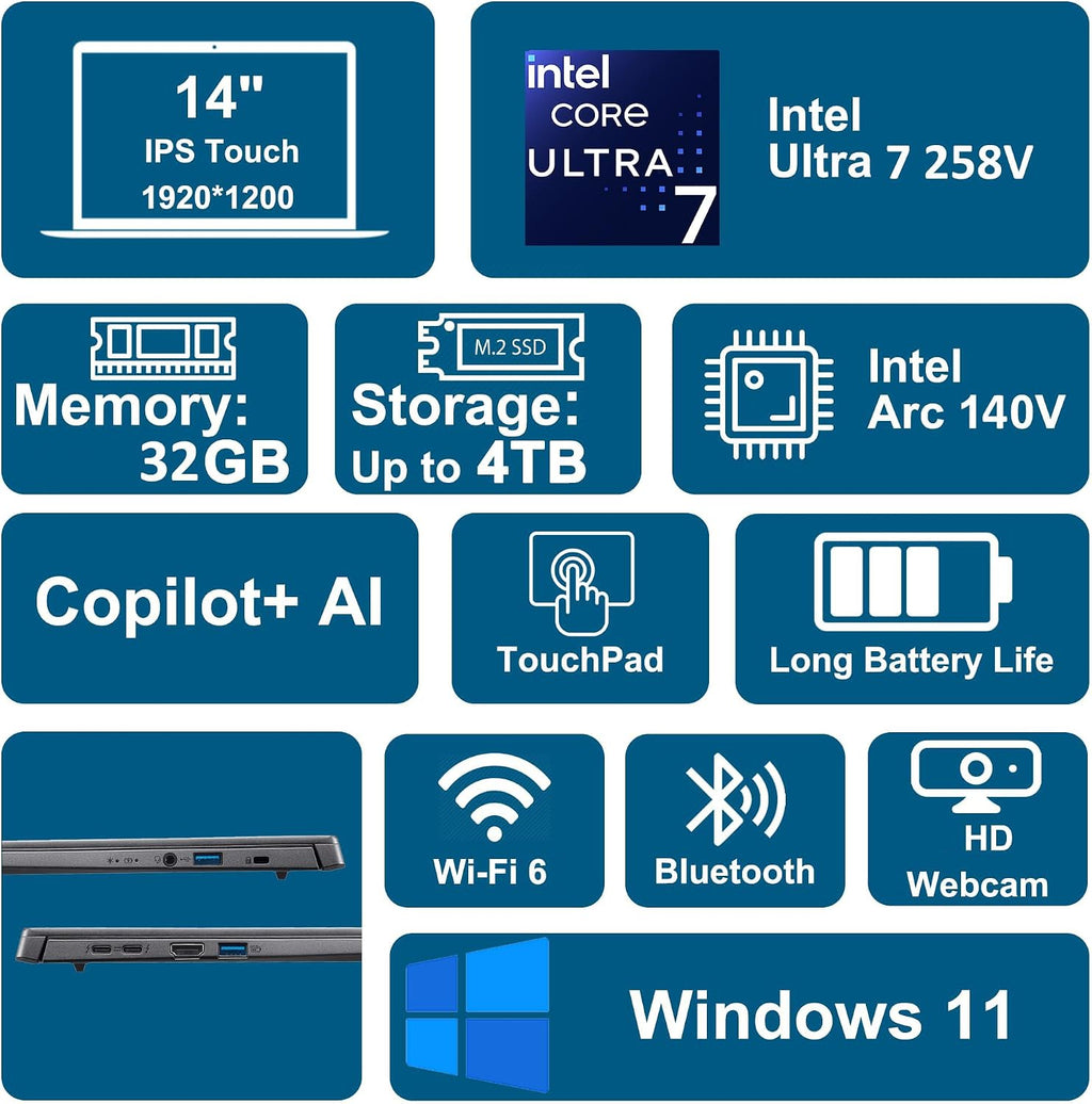 Acer Aspire 14 Laptop Computer, Intel Core Ultra 7 258V, 32GB LPDDR5X, 2TB PCIe SSD, 14' WUXGA IPS Touchscreen, Intel ARC 140, AI Copilot+ PC, WiFi 6E, Backlit Keyboard, Windows 11 Home, Type-C HUB