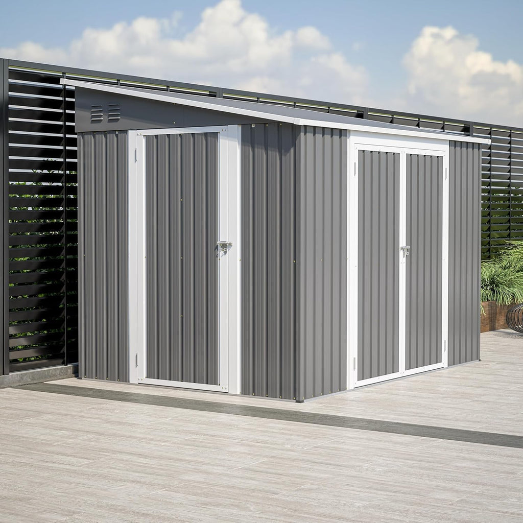 8x6 FT Outdoor Storage Shed with Sloping Roof, Lockable Double Doors & Adjustable Side Door, Weatherproof with Frame Floor, Compact Metal Tool Shed for Garden, Backyard and Patio