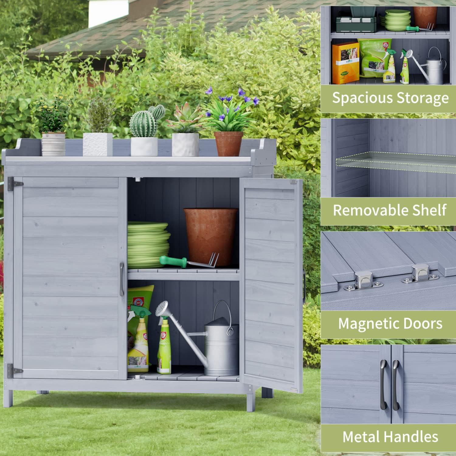 Gizoon Outdoor Potting Bench with Metal Tabletop, Outdoor Garden Patio Wooden Storage Cabinet with Adjustable Shelf, Double Doors Garden Work Bench for Backyard, Patio, Lawn - Grey