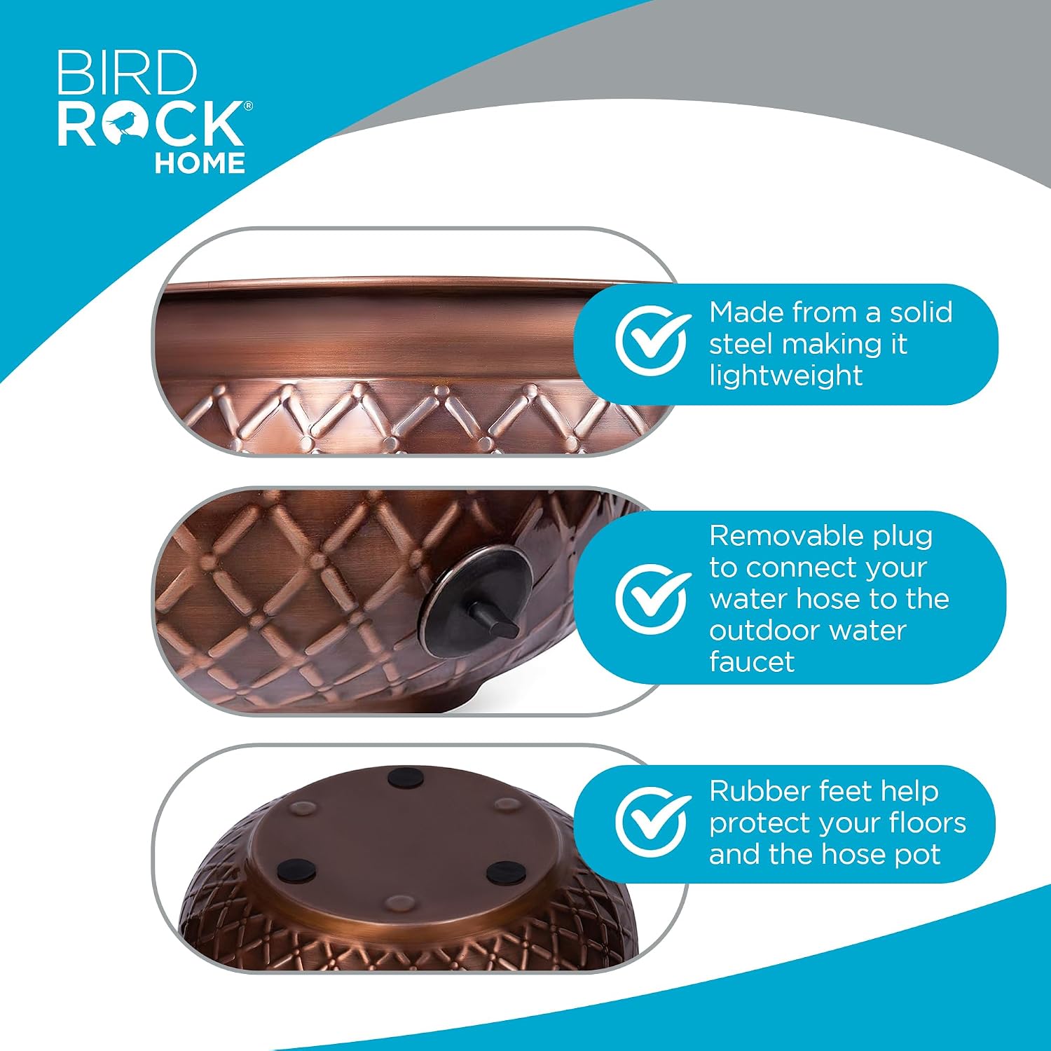 BIRDROCK HOME Water Hose Holder - Decorative Metal Pot, Indoor or Outdoor, Garden Storage Organizer, Patio Portable Bucket - Embossed Steel w/Copper Accents, Holds up to 100ft Hoses