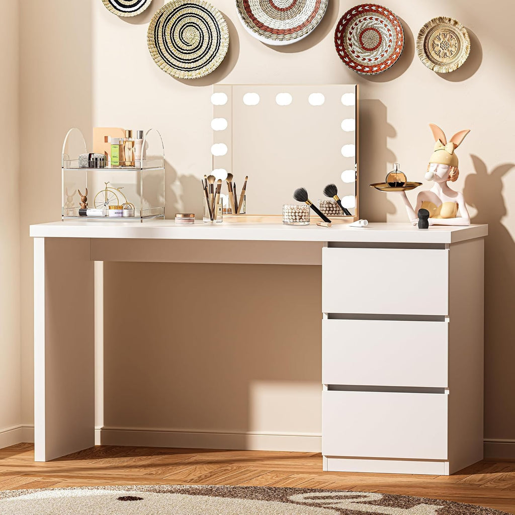 furtble White Desk with Drawers, 53'' W Home Office Computer Desk Gaming Table, Modern Vanity Desk with Storage, Wood Writing Workstation for Bedroom, Living Room, White