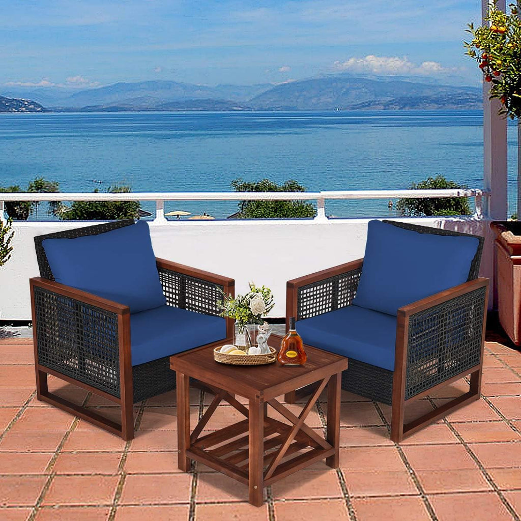 HAPPYGRILL 3 Pieces Outdoor Patio Furniture Set Wicker Chairs with Coffee Table, Balcony Porch Furniture Bistro Set with Acacia Wood Frame and Washable Cushions for Garden Poolside Backyard