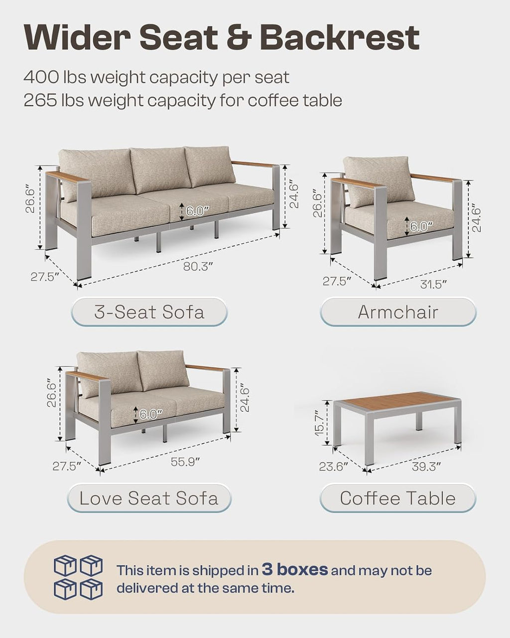 Aluminum Outdoor Patio Furniture Loveseat, All-Weather Outdoor Patio Sofa with Washable Thick Cushion, Patio Sofa Couch for Porch, Balcony, Deck, Yard, Silver